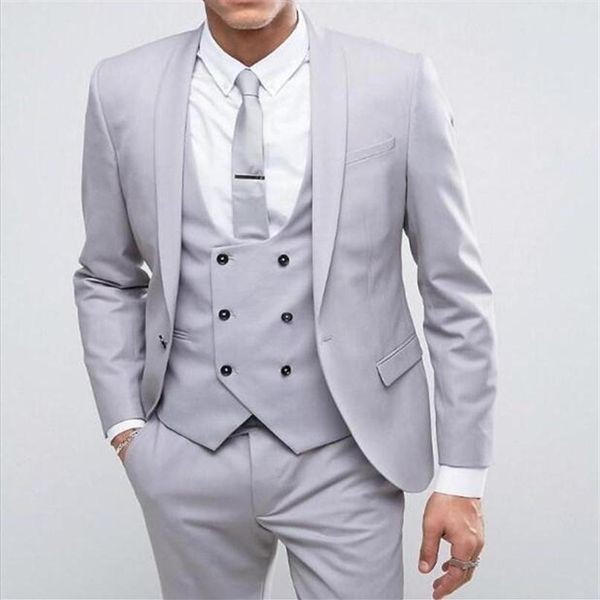 Esmoquin de boda gris claro, trajes ajustados para hombres, traje de padrino de boda, tres piezas, trajes formales de graduación baratos, chaqueta, pantalones, chaleco, corbata 265168E