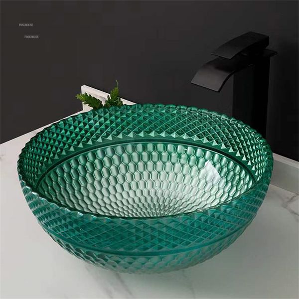 Luxury Luxury Crystal Glass Wabrins de salle de bain Art Basin Round lavage Évier créatif Ménage créatif Rectangulaire petite salle de bain lavabos