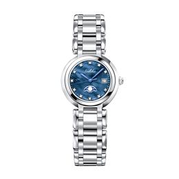 Lichte luxe hoog uiterlijk niveau diamant-ingelegde dames horloge eenvoudige stalen riem waterdichte dames horloge ster maan blauw schijf kwarts horloge kalender