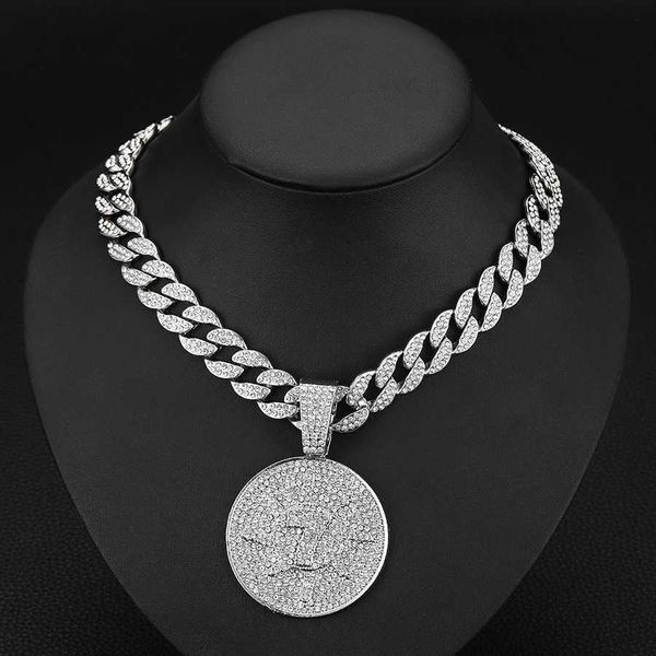 Collier pendentif rond en or K pour hommes, léger et luxueux, avec tournesol, plein de diamants, petite chaîne cubaine Hip Hop, 231015