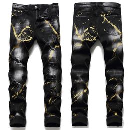 Luxury Luxury Men's Graffiti Prints Ripped Jeansslim-Fit Stratchs Black Jeanswhite Wash Stretch Denim Pantscasual Jeans;240422