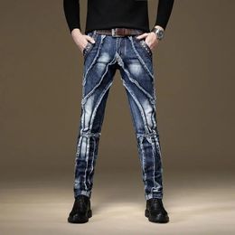 Pantalon en Denim bleu Patchwork coupe ajustée de luxe léger pour hommes, Style mendiant, artiste de discothèque, jean tendance, pantalon en jean de rue Sexy; 240104