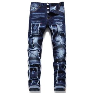 Jeans de luxe légers pour hommes, patchs slim fit, bleu, haute qualité, imprimé peinture à points, jean de mendiant, élégant et Sexy, de rue, 240131