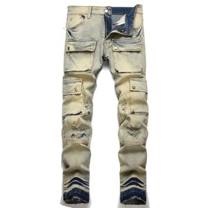 Luxury Luxury Men's Street Fashion Cargo de cargaison Slim-Fit Multi-poches Pantalons denim bleu de haute qualité Jeans décontractés punk;231229