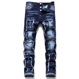 Jean bleu de luxe léger avec patchs slim pour hommes, jean de mendiant imprimé de peinture à pois de haute qualité, jean de rue élégant et Sexy;240202