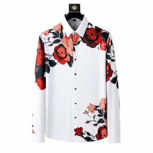 Luxury Luxury Rose Print Shirt Men Brand Slim Casual Seaml Elastic Busin Dr Shirt Social Party Tuxedo Blouse 2024 Spring K0ip # #