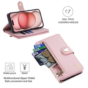 Portefeuille de cartes à fermeture éclair de luxe légère Études de ceinture en cuir pour Apple iPhone 15 14 Pro XR13 MOT DE CARTE MULTIFS 360 Protection complète Foil Stamping Heart Nouveau Design Pu + TPU