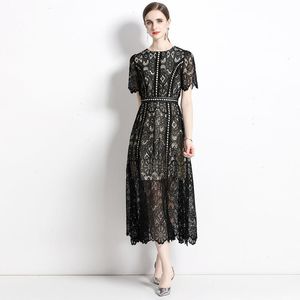 Lichte volwassen stijl elegante zwarte jurk voor vrouwen zomer zware industrie gehaakte holle Frans kant