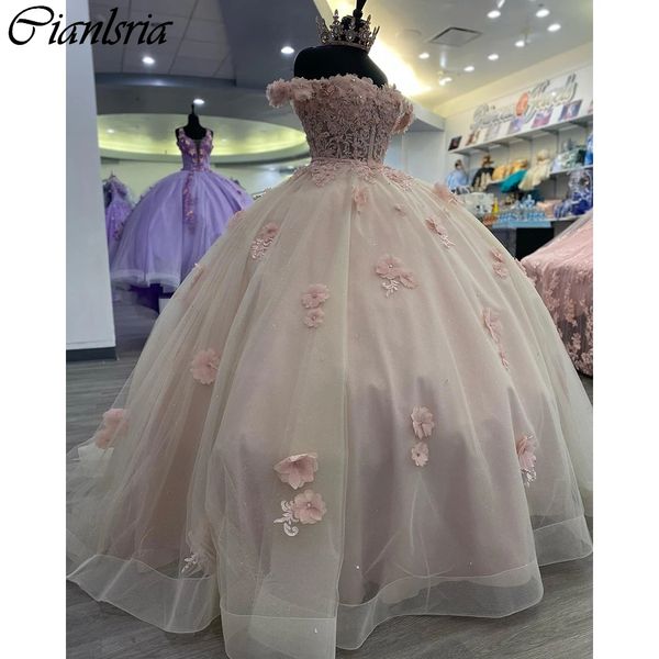 Robe De Quinceanera rose clair à fleurs 3D, épaules dénudées, robe De bal avec des Appliques De perles, Corset en dentelle, robes De 15 ans