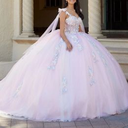 Robe De Quinceanera rose clair avec des franges et des perles, épaules dénudées, robe De bal, fleurs 3D, Appliques en dentelle, Corset en tulle, 15 ans