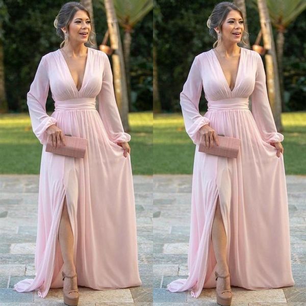 Robe de soirée en mousseline de soie rose clair, décolleté en V profond, manches longues, robe de bal fendue sur le côté, ligne A, robes de soirée de mariée, 222G