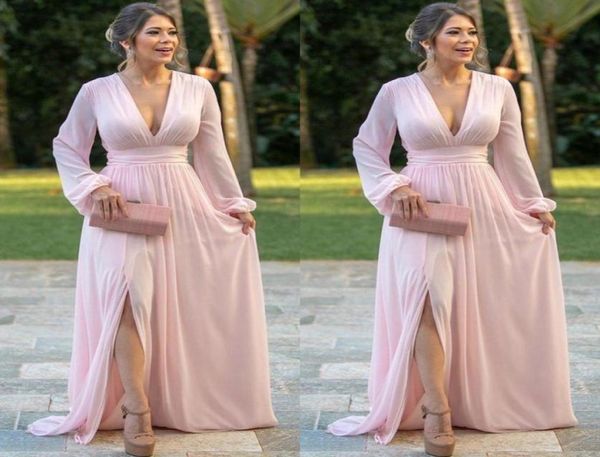 Robe de soirée en mousseline de soie rose clair, décolleté en V profond, manches longues, robe de bal fendue sur le côté, ligne A, robes de soirée de mariée, 9343756