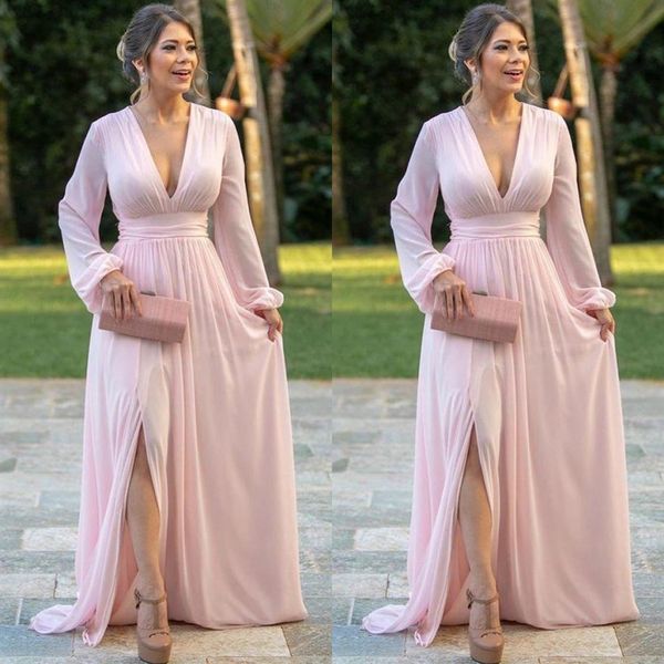 Robes de soirée en mousseline de soie rose clair col en V profond manches longues robe de bal côté fendu une ligne robes de soirée de mariée216r