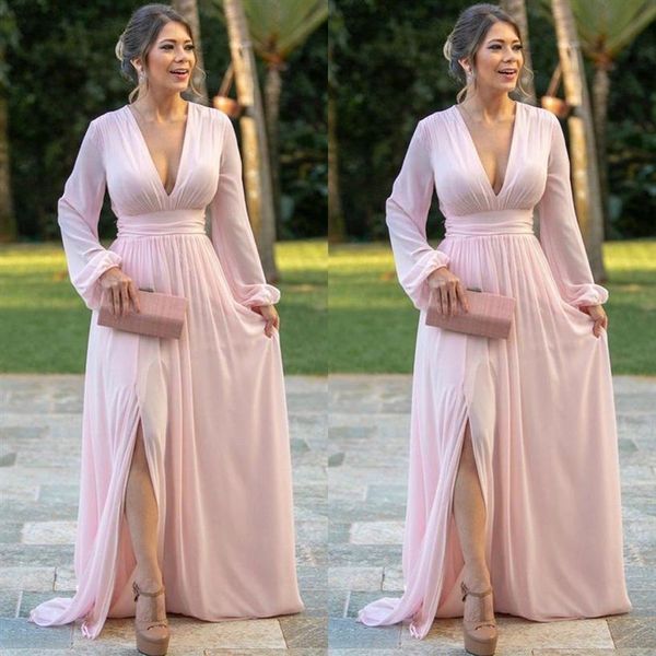 Robes de soirée en mousseline de soie rose clair col en V profond manches longues robe de bal côté fendu une ligne robes de soirée de mariée288A