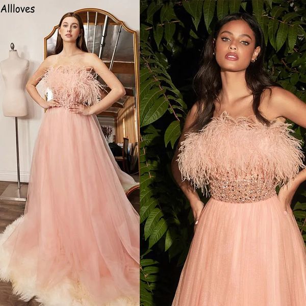 Fourrures rose clair paillettes luxe Aso Ebi robes de soirée sans bretelles Sexy Tulle une ligne robes d'occasion spéciale pour les femmes grande taille Pageant bal Robe de soirée CL2308