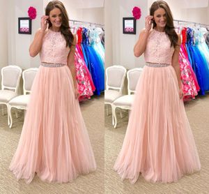 Robes De Bal En Dentelle Rose Clair 2 Pièces Bijou Dos Ouvert Perlé Cristal Drapé Tulle Jupe Robes De Soirée Robe De Soirée Élégante Plus La Taille