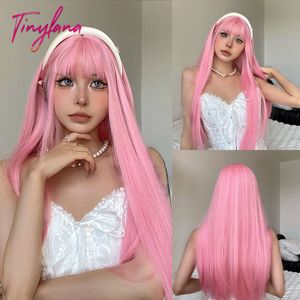 Pink rose clair longs perruques synthétiques droites avec frange cosplay halloween lolita perruque colorée pour les femmes afro résistant à la chaleur naturelle