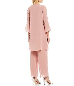 Traje de pantalón rosa claro para madre de la novia, gasa, manga larga, apliques de encaje, 3 piezas, elegante, talla grande, vestidos para madre de la novia Cus257a