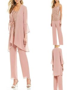 Traje de pantalón rosa claro para madre de la novia, gasa, manga larga, apliques de encaje, 3 piezas, elegante, talla grande, vestidos para madre de la novia Cus1307761