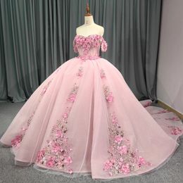 Rose clair hors de l'épaule fleurs 3D perles appliquées 15 robe Quinceanera robe de bal robes de coing princesse robe d'occasion formelle