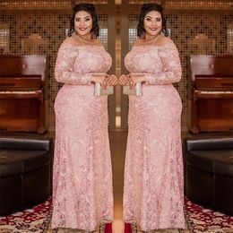 Robes de bal en dentelle rose clair grande taille pure bijou cou manches longues robe de soirée colonne pailletée étage longueur robe formelle Abiti Da Sera