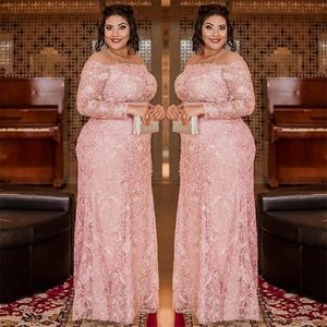 Lichtroze plus size kanten prom jurken pure juweel nek lange mouwen lange mouwen avondjurk lovertjes kolom vloer lengte formele jurk abiti da se 229g