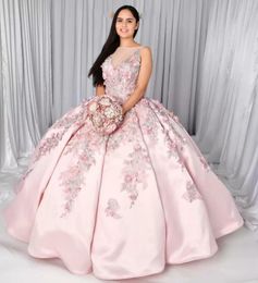 Robe de bal princesse rose clair, robes de Quinceanera, en Satin, fleurs faites à la main en 3D, robe de bal pour fête d'anniversaire, AA