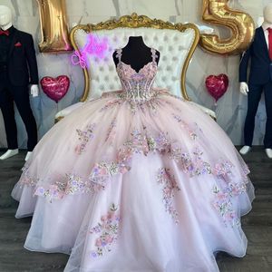 Lichtroze prinses Quinceanera -baljurk van de schouderapplique Tull Sweet 16 jurken 15 Anos Mexicaan