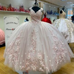 Robe De princesse rose clair Quinceanera, épaules dénudées, avec paillettes appliquées, fleurs, robe De soirée, douce 16 ans, 2024
