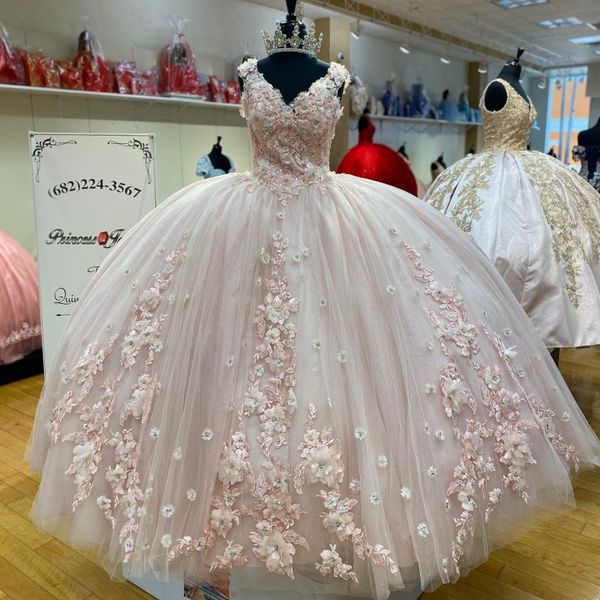 Vestido De princesa rosa claro para quinceañeras, apliques De hombros descubiertos, lentejuelas, flores, fiesta, 16 vestidos, 15 anos, 2024