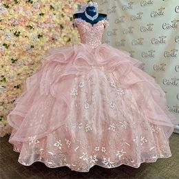 Robes de quinceanera de princesse rose clair 3d fleurs appliques en dentelle robe de balle de balle d'anniversaire tulle lacet-up sweet 16 robes vestidos de 15