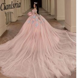 Robe de quinceanera rose clair 2024 chérie hors épaule Applique de dentelle avec fleur douce 15 ans de 16 ans Pageant de fête d'anniversaire
