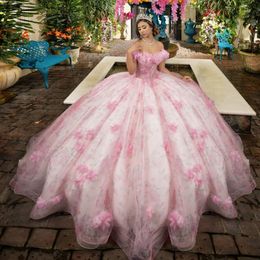 Robe De Quinceanera rose clair, épaules dénudées, fleurs, en tulle, princesse, robe De bal, 16 ans
