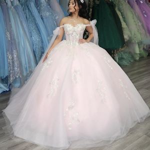 Lichtroze Quinceanera Jurken Uit De Schouder Sweet 15 Jurken Applique Kant Kraal Tull Vestidos De 15 Quinceanera