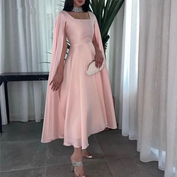 Rosa claro Arabia Saudita Vestidos de noche de gasa simples Una línea Mangas casquillo Cuello cuadrado Longitud del té Vestidos de fiesta de graduación formales Robes De Soiree