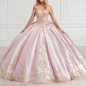 Robe de bal rose clair brillante, robe de princesse Quinceanera, en dentelle dorée, avec des Appliques de perles, douce 16, 15 de, 2024
