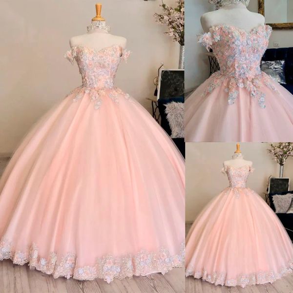 Rose clair doux 16 robes De Quinceanera 3D perles appliquées col en cœur Corset robes De 15 robe De bal robe d'occasion spéciale