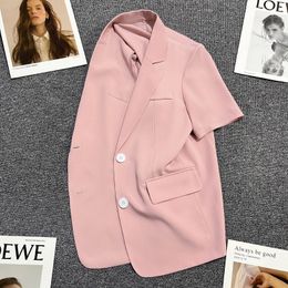 Chaqueta de traje delgada de color rosa claro para mujer tendencia de manga corta de manga corta de verano de verano para mujeres 240417
