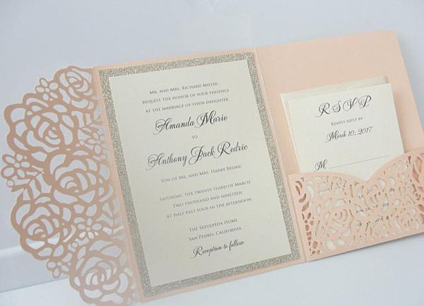 Invitations de mariage rose clair, paillettes argentées, invitations de soirée de remise de diplôme, impression noire 7515359