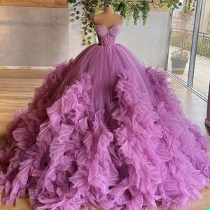 Lichte paarse baljurk Quinceanera jurken gelaagde ruches kralen tule dames zoet 16 formeel feestgewaad de soiree elegante lange prom -jurken