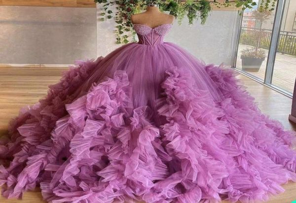 Robe De Bal Violet Clair Quinceanera Robes À Volants À Volants Perles Tulle Femmes Doux 16 Robe De Soirée Formelle Élégante Longue Pr3509680