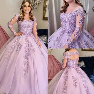 Perles violet clair perles fleurs 3D haute manches longues robes de Quinceanera 2023 robe de bal robe douce seize robes de soirée de bal YD 328 328