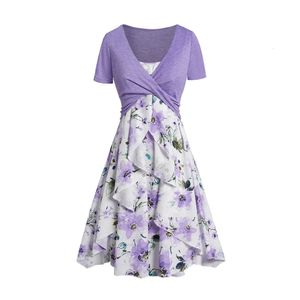 Lichte paarse kleur vrouwen tweedelige kleding outfit crossover bijgesneden top Aquarelle bloemenprint gelaagde casual mini gewaad 240407