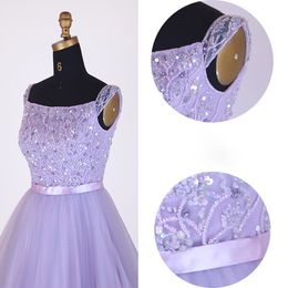 Robes de soirée violet clair longue robe de bal carré sans manches fermeture éclair dos plis Tulle avec perles paillettes longues robes de piste