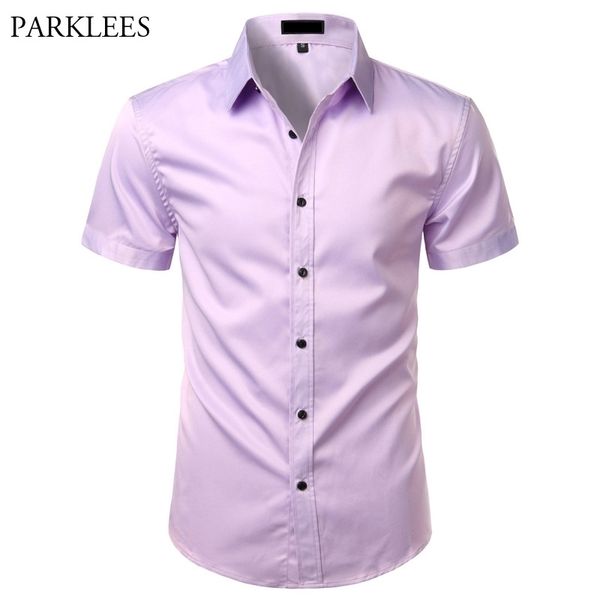 Camisas de vestir para hombre de color púrpura claro, camisa de fibra de bambú de manga corta de verano para hombre, camisa Formal de fácil cuidado sin hierro para hombre 210522