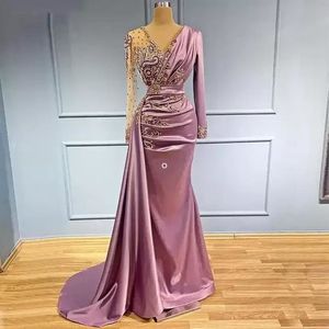 Robes de soirée sirène violet clair pure col en V appliqué perlé à manches longues soirée de bal formelle deuxième réception robes d'occasion spéciale porter