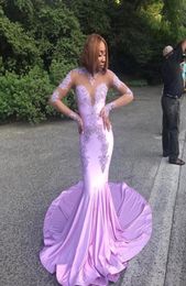 Light Purple Mermaid Prom Dresses 2018 Nieuwe lange mouw Sweep Sweep Strain Illusion High Neck Formal Evening Jurk Feestjurken Custom Mad6005619