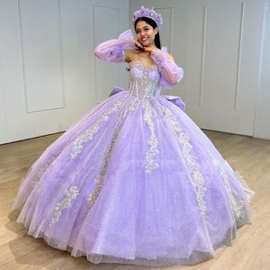 Robes De Quinceanera violet clair robes De désossage exposées De 15 Anos manches bouffantes robe De fête d'anniversaire pour filles juniors