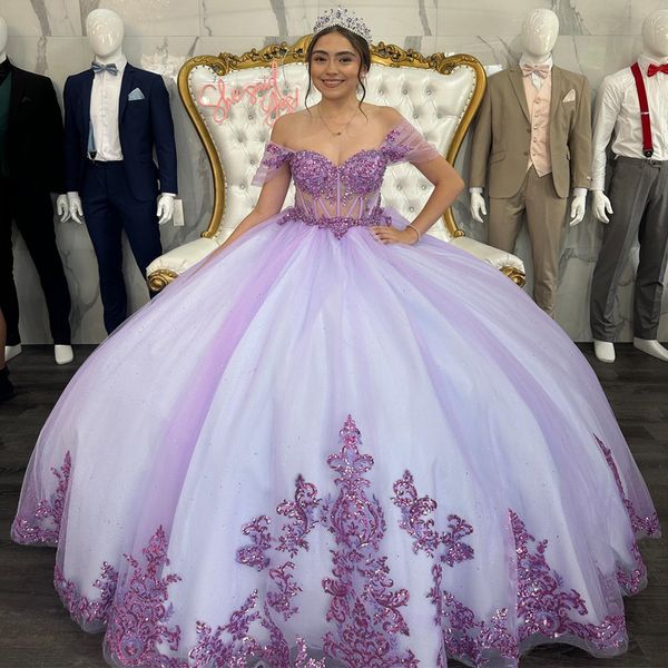 Robe de bal en dentelle à paillettes violet clair, robes de Quinceanera sur l'épaule, Corset, robes de 15 ans, fête d'anniversaire, concours