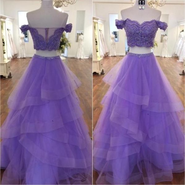 Ligeros Purple Dos piezas vestidos de graduación fuera del hombro Apliques Tired Tulle Tulle Ball Vestidos Prom Vestidos Mint Sweet 16 D1504625